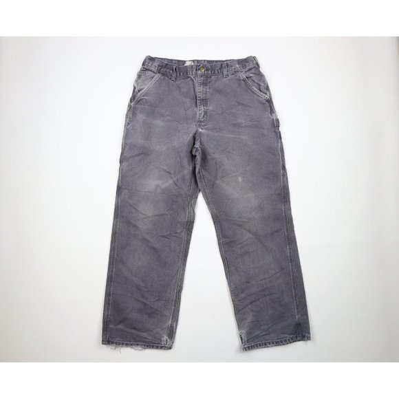 Vintage Carhartt Mens 36x32 Distressed Spell Out Wide Leg Dungaree Pants Blue